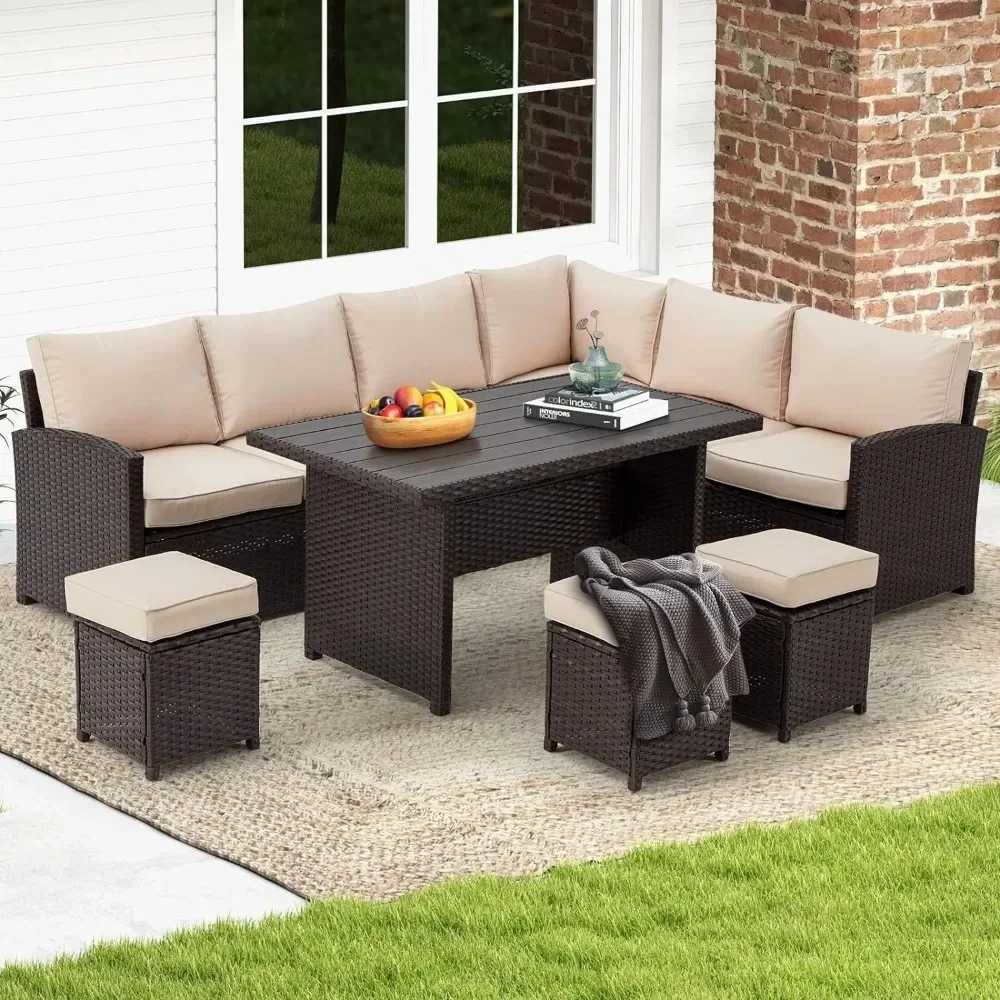 7 Pieces Patio Furniture Set, Outdoor Sectional Sofa Conversation Set, All Weather Wicker Rattan Couch Dining Table & Chair image 4