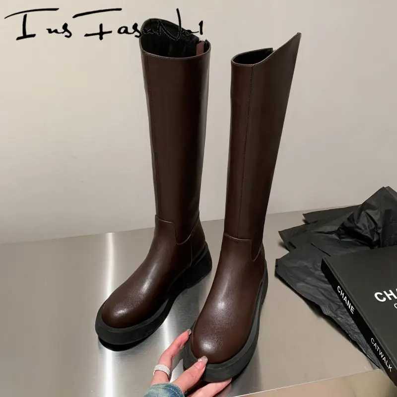 Genuine Leather Solid Color Knee High Boots Women Chunky Round Toe Back Zipper Knight Boots Autumn Winter Office Lady Booties