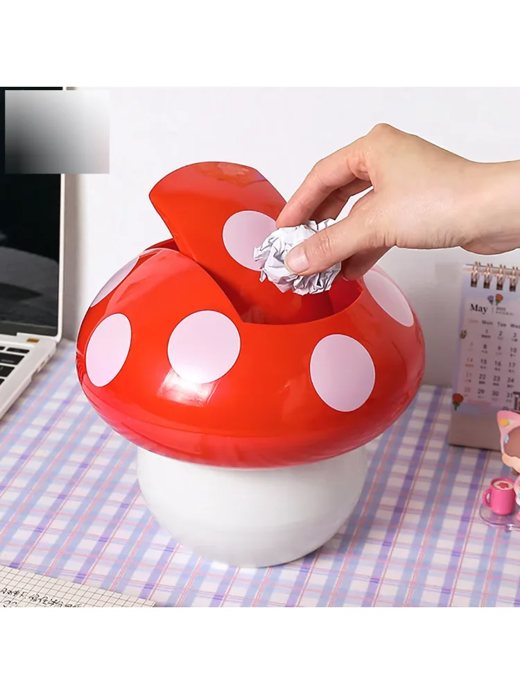 Cute Garbage Can Waste Bin with Lid Detachable Collect Rubbish Red Mushroom Table Desk Binwastebaske Mini Household Accessories