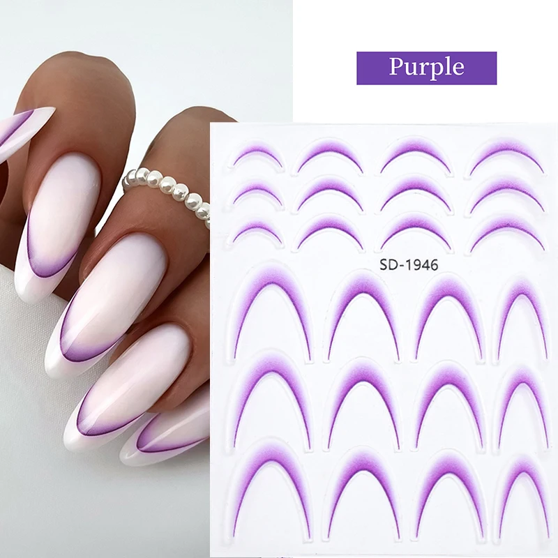 2 pçs roxo azul 3d francês adesivos de unhas conjunto gradiente linha francesa dicas de unhas decalques manicure arte do prego gel slider acessórios