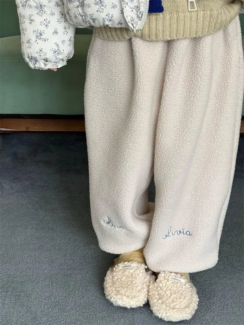 Children Clothing Lamb Wool Embroidery Sweatpants 2024 Autumn Winter New Boys Girls Thick Casual Pants Loose Comfortable Pants