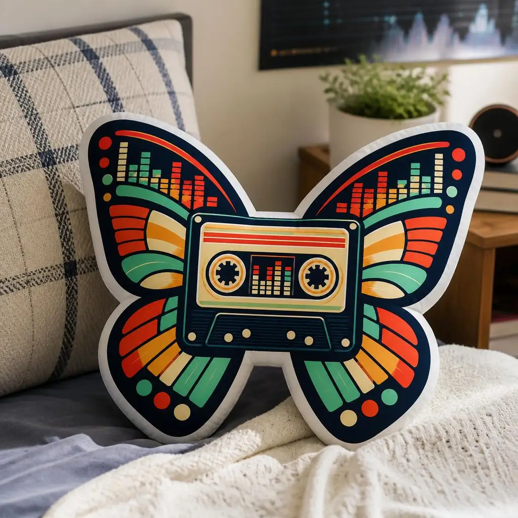 Retro Cassette Tape Butterfly Shaped Plush Pillow Y2K Music Cushion Irregular Stuffed Throw Pillow for Bedroom Sofa Decor