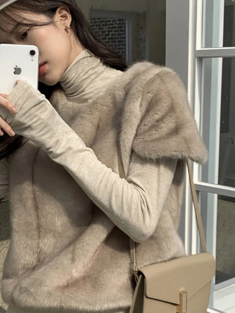 Korea Chic Solid Simple Faux Fur Short Sleeve Pullover Tops Casual Loose High Quality Plush Women Clothes Autumn  X463