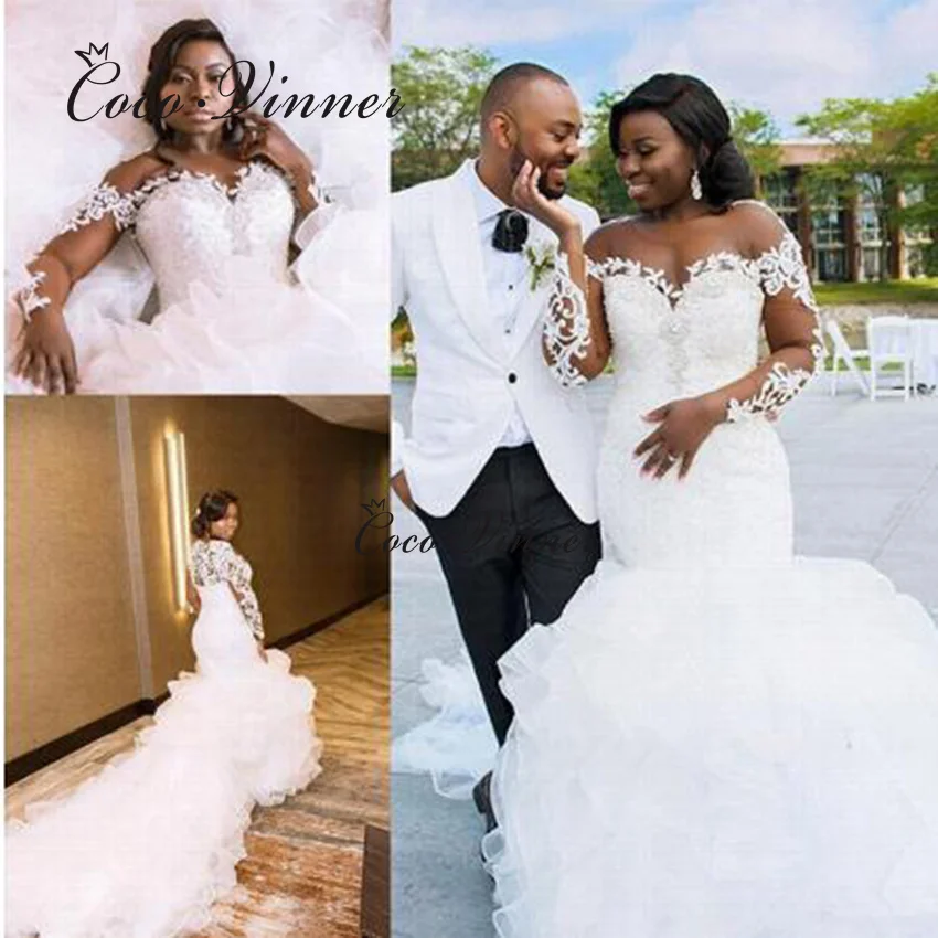 

Свадебные платья русалки с длинными рукавами и многоуровневым шлейфом, 2025, кружевные аппликации с бисером, иллюзия, свадебное платье W0801