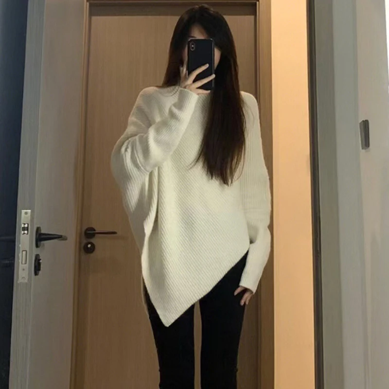 High Collar Irregular Sweater Women Korean Fashion Long Sleeve Jumpers Woman Autumn Winter Turtleneck Knitted Pullovers Female