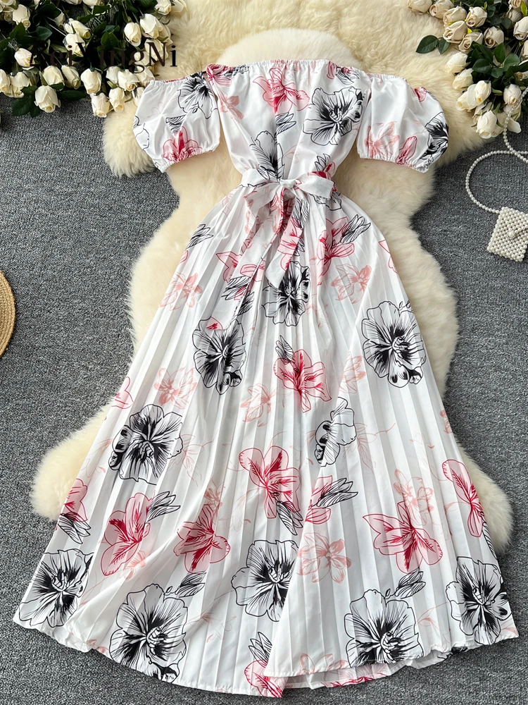 

Beiyingni Sexy Elegant Off Shoulder Long Pleated Dress Women Sashes French Slash Neck Dresses Female New Fashion Holiday Clothes