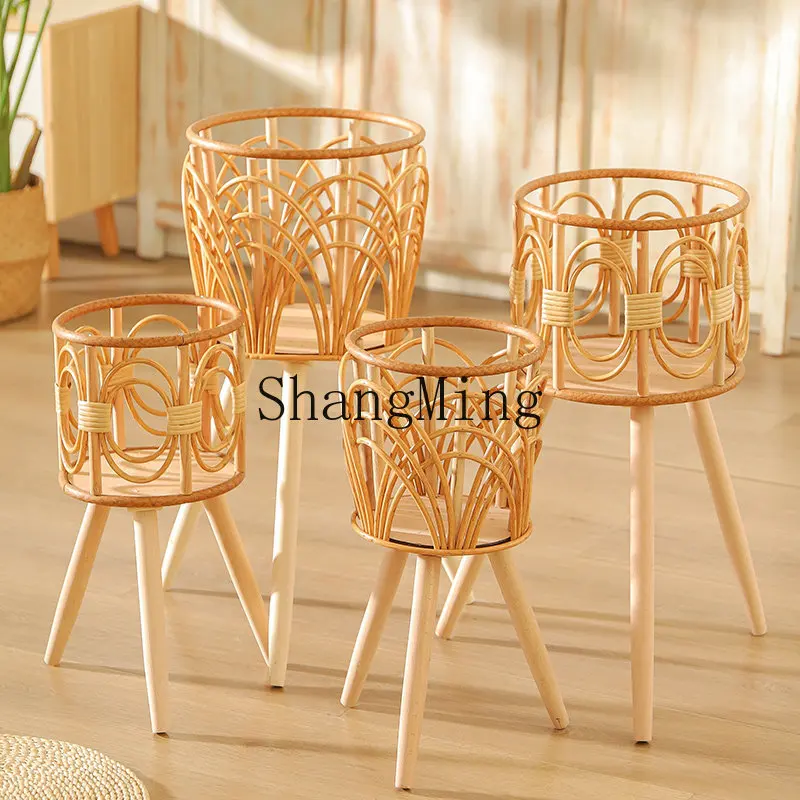 FG woven flower pot imitation rattan flower stand high foot floor type hollow balcony bamboo flower basket