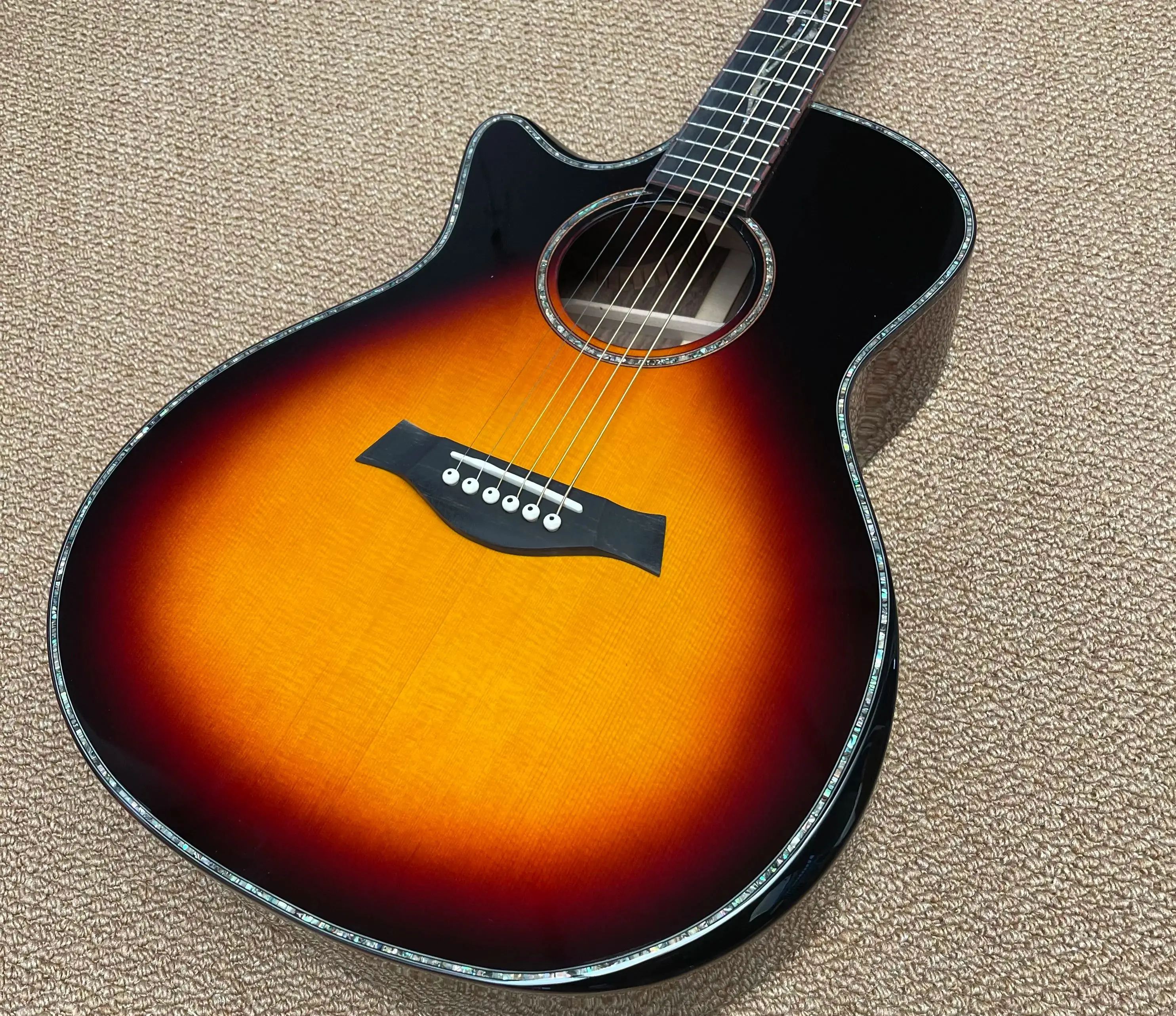 

In Stock Left Handed Acoustic Guitar All Solid Wood Real Abalone Inlay/Binding Bone Nut/Saddle Ebony Fingerboard Sunburst 0710