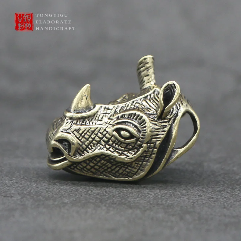 

Pure Copper Brass Rhino Head Car Keychain Vintage Craft Stress Relief Toy Gift