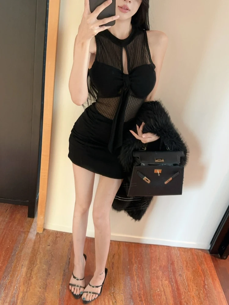 Foamlina rayé maille Patchwork robe sans manches femmes Sexy col rond découpé robe serrée bas enveloppé hanche robe fête Clubwear