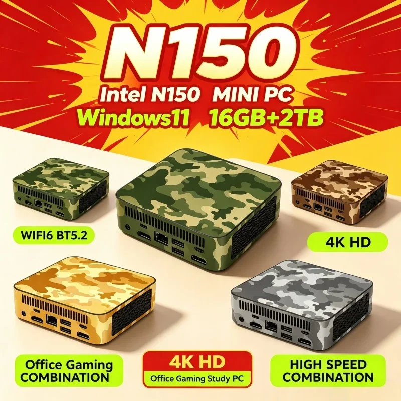 Camouflage High Performance Intel N150 Mini PC 16GB RAM 1TB‑2TB SSD Windows11 WiFi6 BT5.2 Compact Desktop For Home Office Games