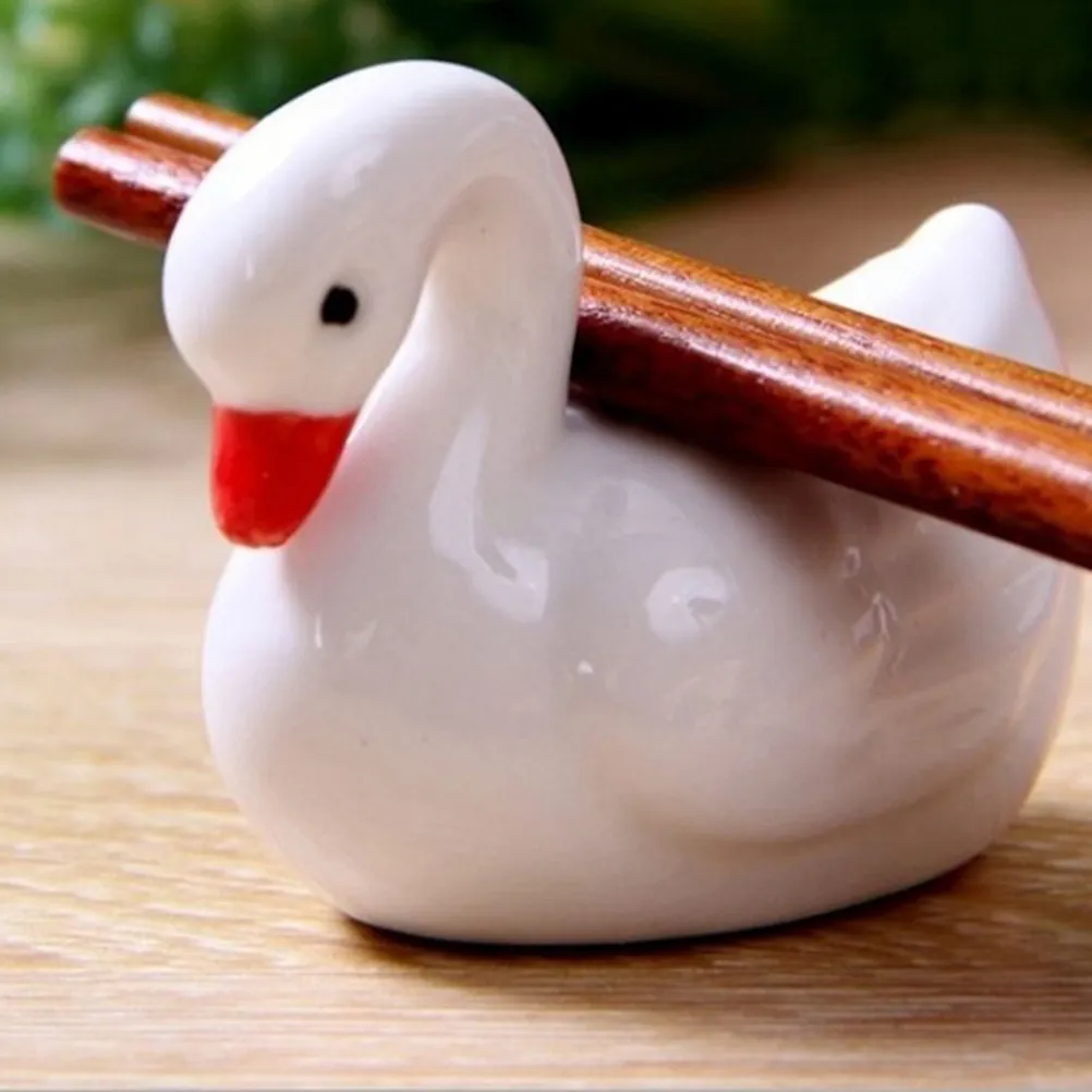 4Pcs Unique Ceramic Chopsticks Rack Spoon Rest Fork Holder Desktop Ornament Premium Wood Base Clean Eating view 2