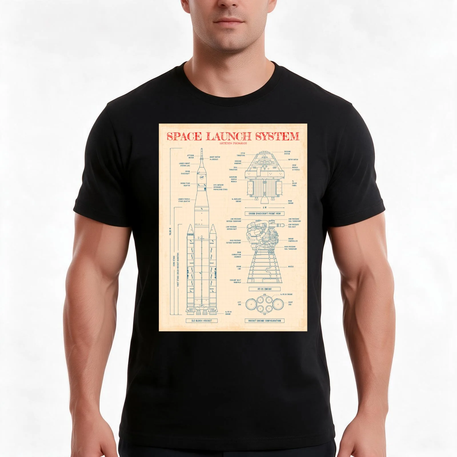 Space Launch System (SLS) - Old Paper Grid T-Shirt, Summer Casual Cotton Tee, Oversized Streetwear Tops, Vintage Graphic Print