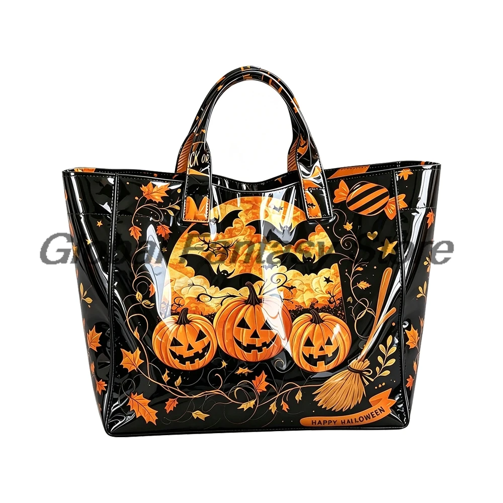 Halloween Waterproof PVC Tote Bag Spooky Pumpkin Print Large Capacity Reusable Shopping Bags Women Shoulder Handbag