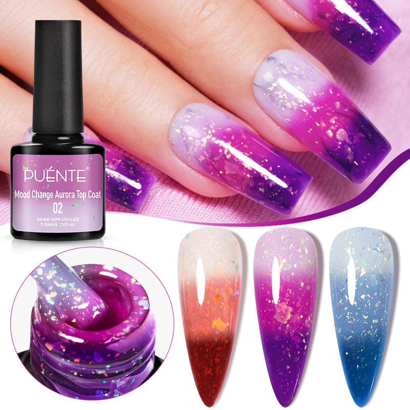 PUENTE Mood Change Aurora Top Coat Gel Nagellak Temperatuur Kleur Veranderende Glitter Nagelgel Losweken Semi-Permanente Vernis