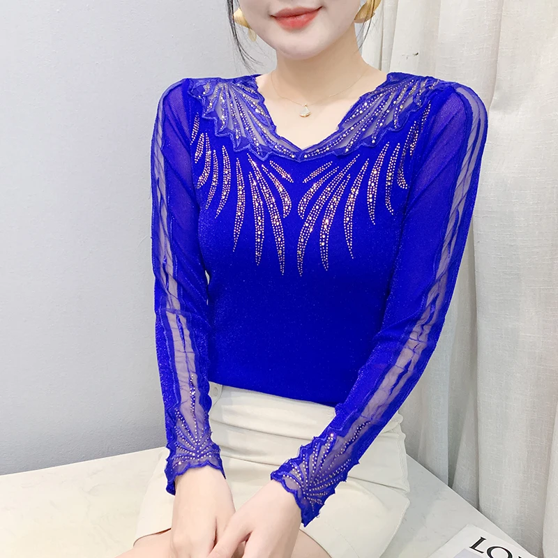 2025,New,Spring,European,Clothes,Mesh,T-Shirt,Chic,Sexy,V-Neck,Patchwork,Lace,Diamonds,Women,Tops,Long Sleeve,Drilling,Tees,5803