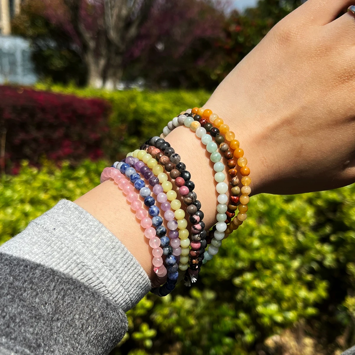 4mm Natural Stone Beads Bracelets Rose Quartz Malachite Tourmaline Rhodonite Bohemian Colorful Vacation Hand Jewelry