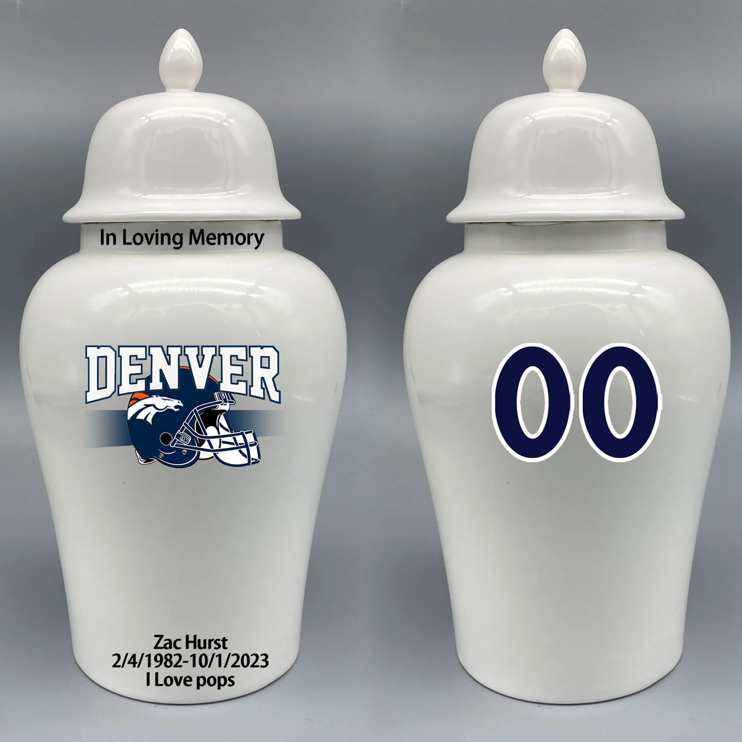 

Large Urn for Denver Broncos-themed Logo Urn.Please send me the customize information-name/date and number on the urn