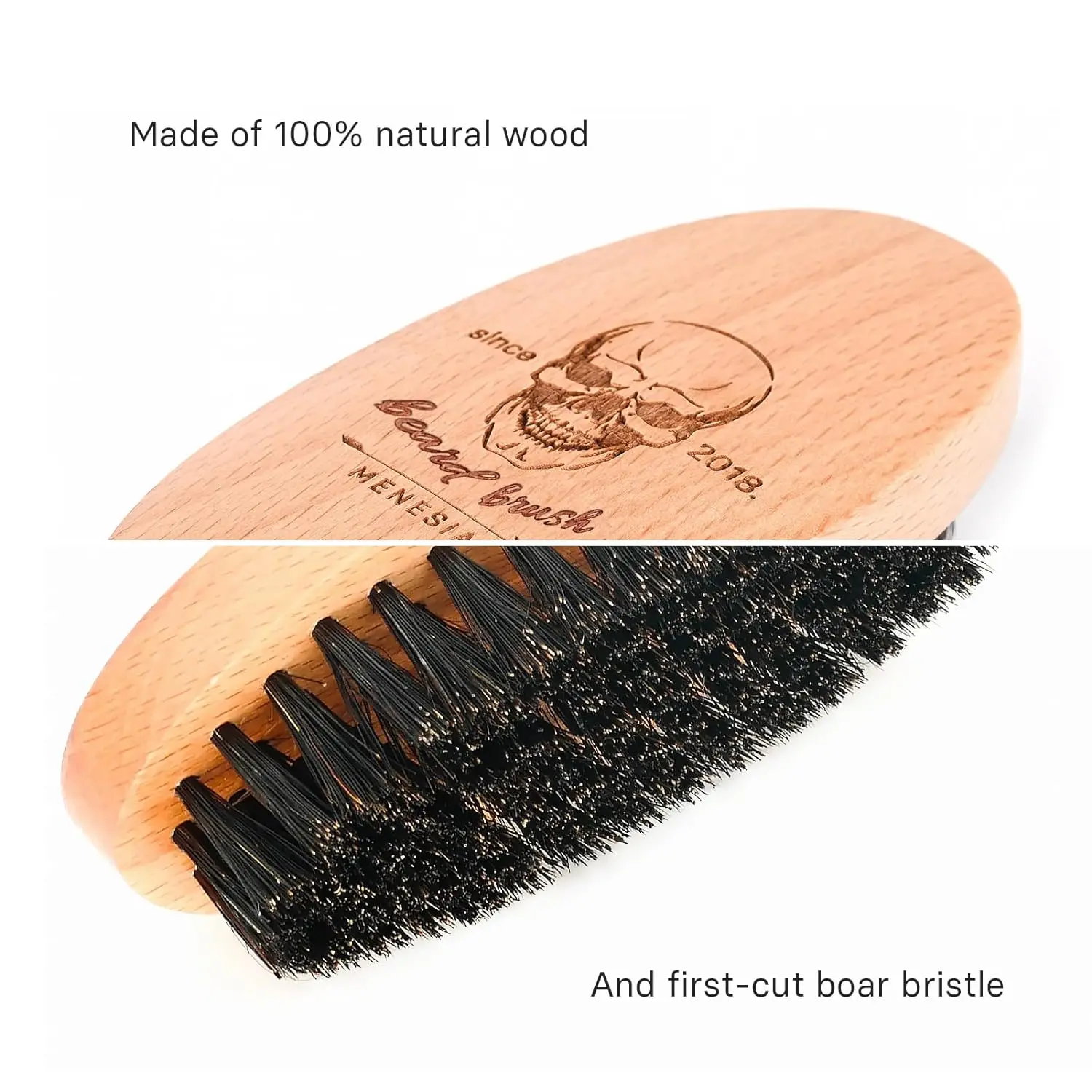 Boar Bristle Hair Beard Brush for Men, Small Soft Beard Brush, Pocket Travel Men\'s Wooden Mustache Brush (Skull)