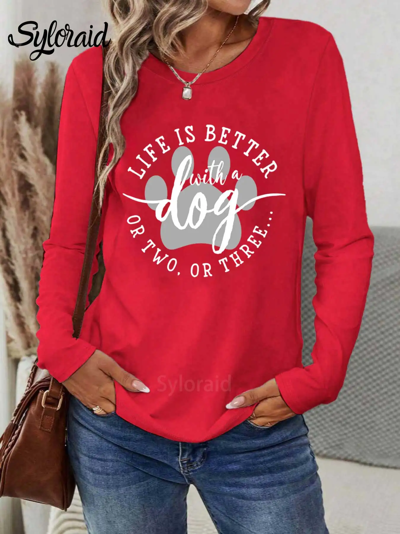 تي شيرت نسائي بأكمام طويلة، تي شيرت مضحك لمحبي الكلاب، الحياة أفضل مع قميص كلب، قميص كاجوال برقبة دائرية #3