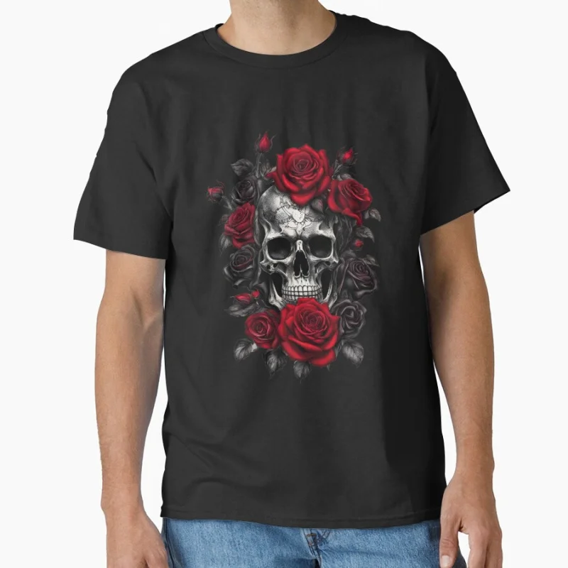 

Skeleton Metalhead Skulls and Roses Metal Rock Old school devil Goth style Horror Halloween gift T shirt large size Tops S-6XL