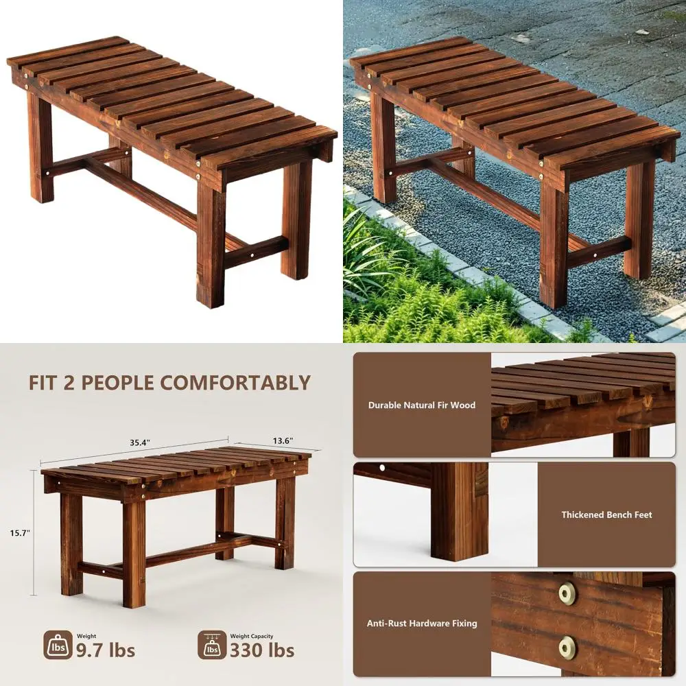 

2-Person Weatherproof Outdoor Garden Bench, Backless Wooden Porch Seat for Lawn, Park, and Backyard (Carbonized Brown)