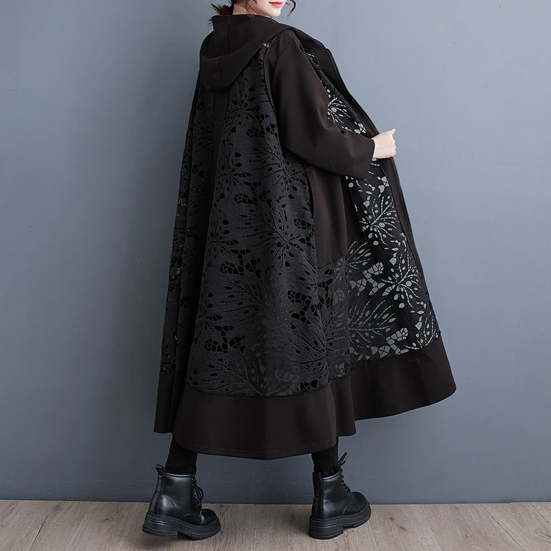 #6858 Black Vintage Hooded Trench Coat Women Zipper Loose Hollow Out Split Joint Duster Coat Ladies Outerwear Long Overcoat