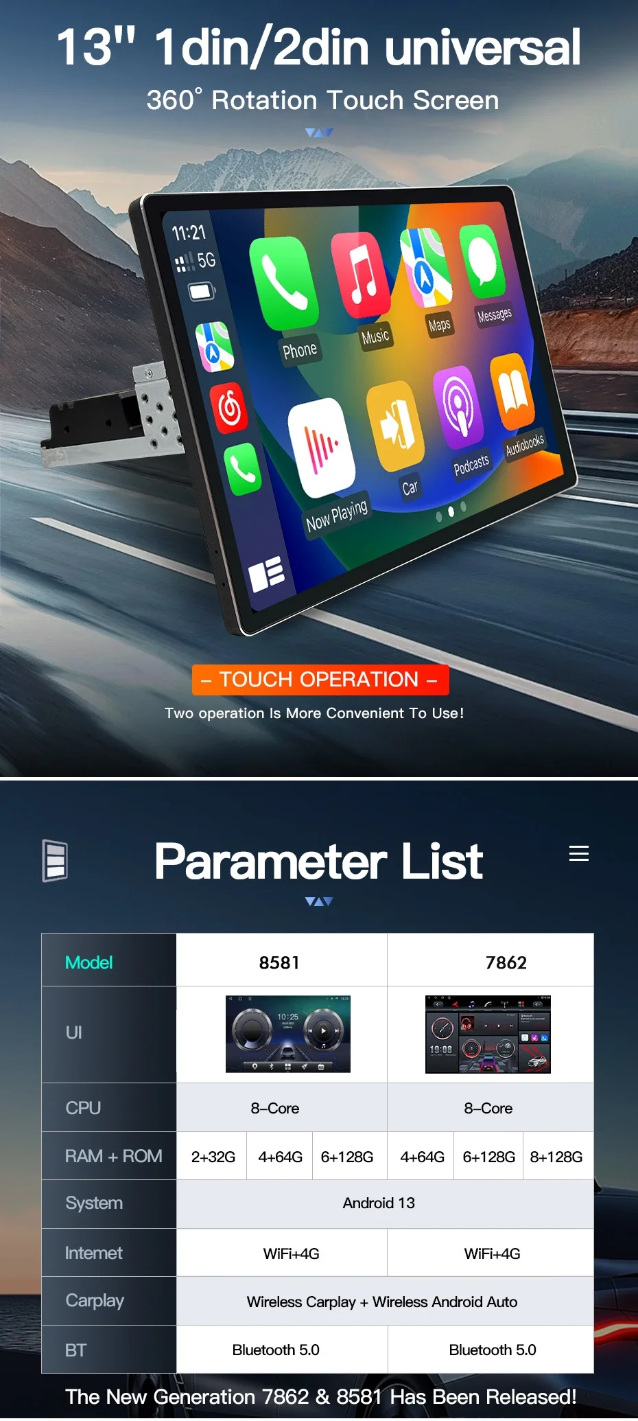 13.1-Inch 360-degree rotary machine, car Android13 touch screen, central control navigation, reversing image