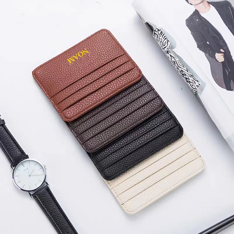 Custom Name Genuine Leather Card Wallet Engrave Initials Round Edge Slim Card Holder Luxury Design Woman Man Business Card Bag
