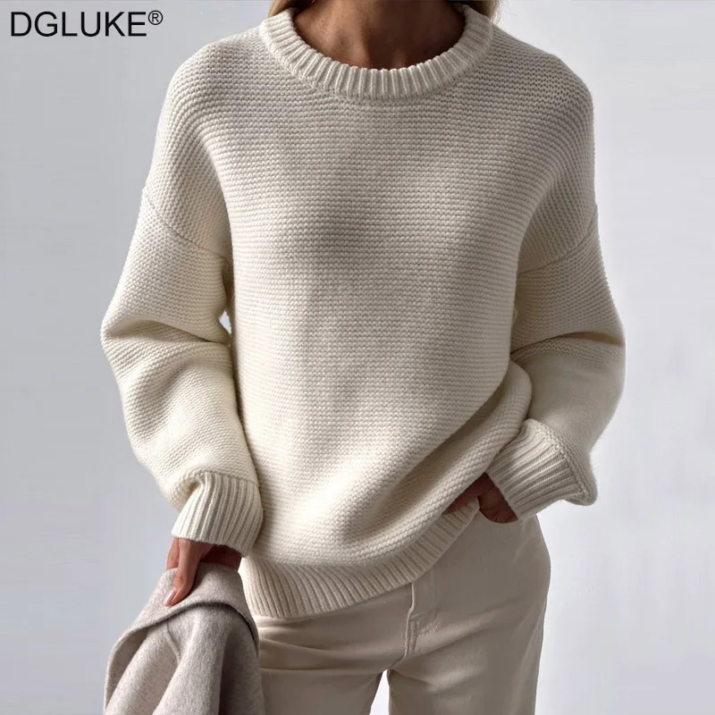 

DGLUKE 2024 New White Cozy Sweater For Women O-Neck Long Sleeve Knitted Jumper Korean Style Autumn Winter Warm Sweaters