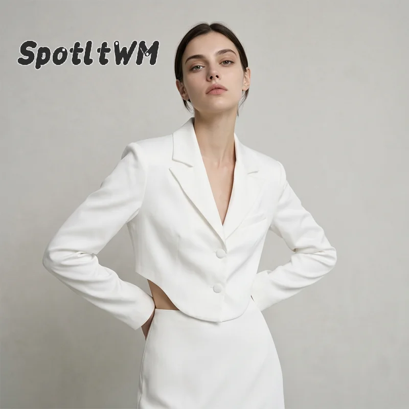 Women White Cropped Blazer Notched Lapel Single Button Back Cutout Curved Hem Long Sleeve Crop Coat Elegant Office Party Wears