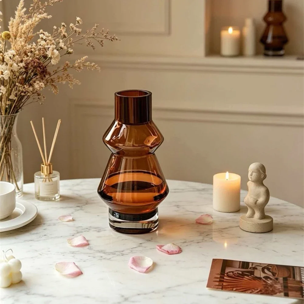 Modern Nordic Amber Glass Flower Vase Hydroponic Vase for Dried Fresh Flowers Home Decor for Desk Restaurant Table Decor