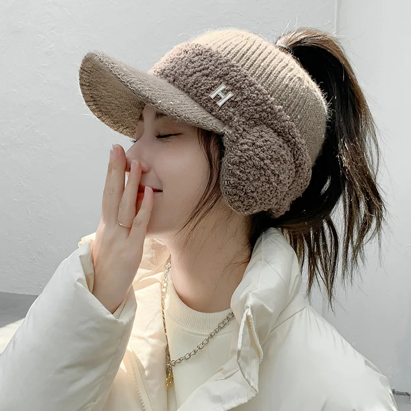 K329-Hat Women\'s Winter Riding Knitted Ear-proof Duck Tongue Hat Fashion Versatile Plush Warm Hollow Top Ear Cap Women\'s Hat