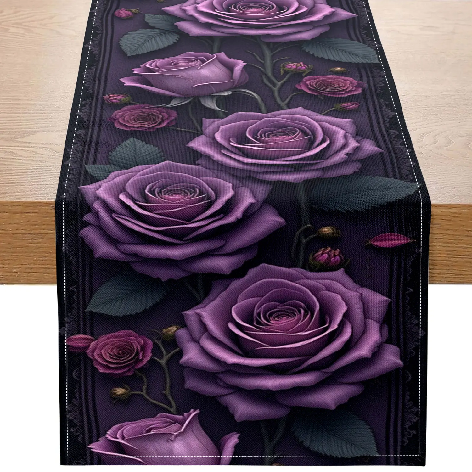 1 Piece of Gothic-Style Skull and Purple Rose Table Runner, Decorated with Skull and Purple Rose Patterns, Suitable for Halloween Parties and Dark-Themed Home Decoration