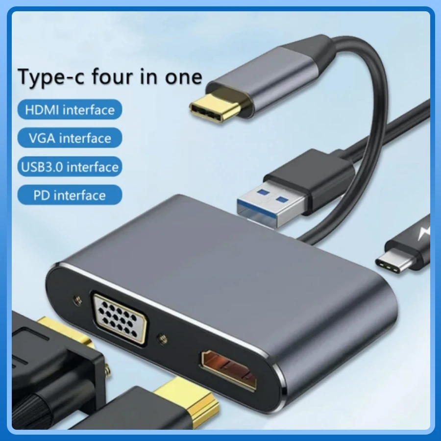 

4 in 1 USB C Hub Type C 3.0 Adapter to 4K HDMI VGA PD Fast Charge Splitter Docking Station Hub For Phone MacBook Laptop Computer