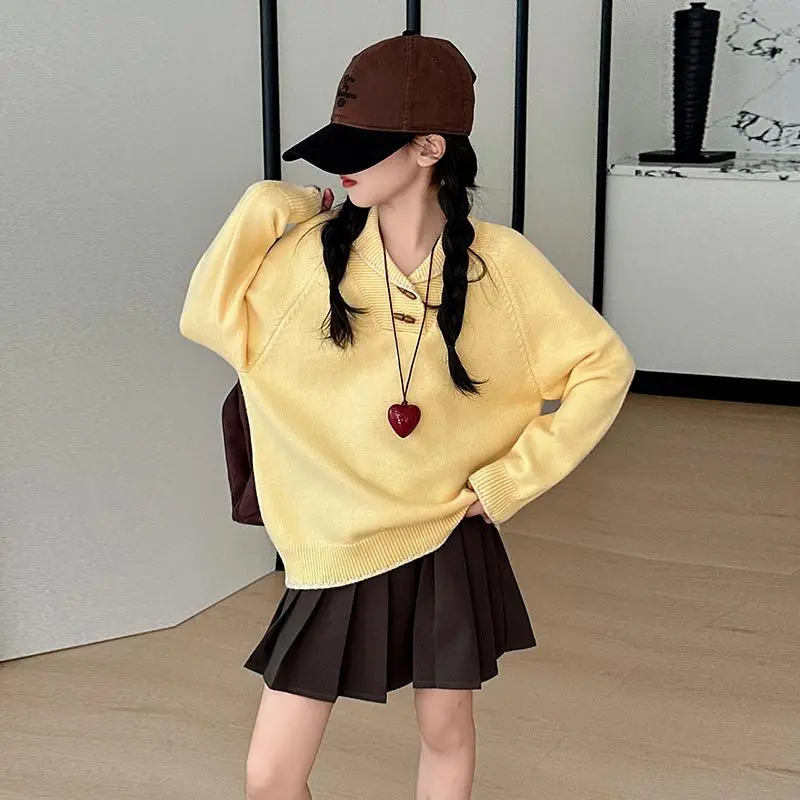 

Детский осенний корейский свитер для девочек, детский вязаный топ с отложным воротником для девочек-подростков, свободный мягкий пуловер с длинными рукавами