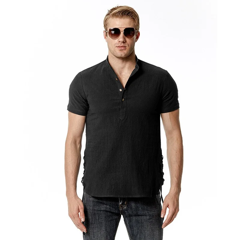 Cotton Beach Shirt Men's Casual Standing Collar Slim Short-sleeved