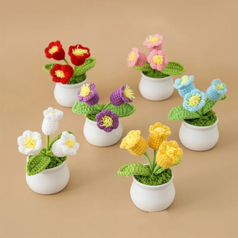Tulip Handmade Crochet Flowers Potted Finished Woven Bouquet Artificial Knitted Flower Valentine\'s Day Gift Home Desktop Decor