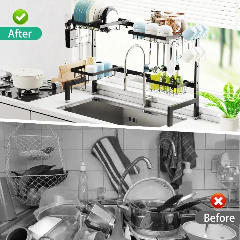 Over The Sink Dish Drying Rack Adjustable (Length and Height) Large Dish Rack, 2-Tier 4 Baskets Stainless Steel Dish Drainers
