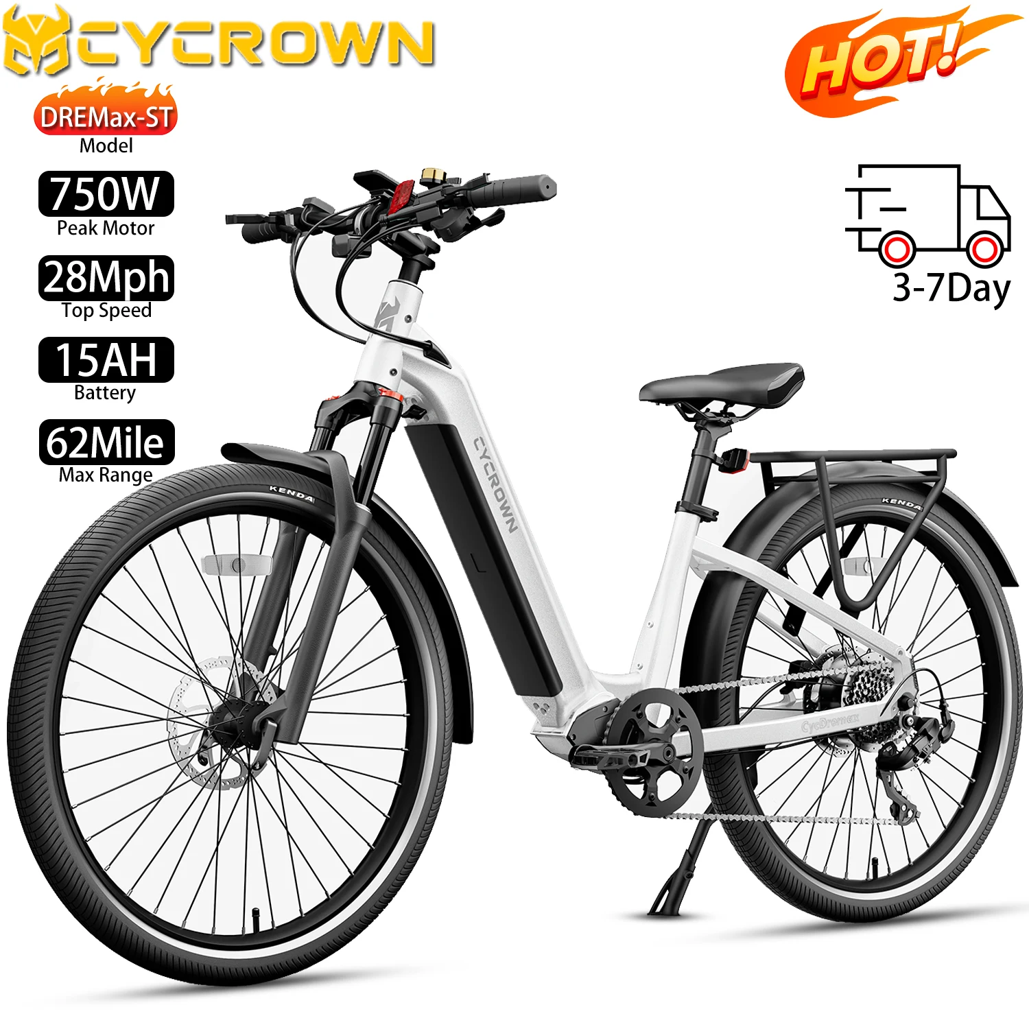 

Электрический велосипед для взрослых CYCROWN DREMAX-ST 27,5 дюйма, 750 Вт, верхняя скорость, 28 миль в час, городской электронный велосипед, 48 В, 15 Ач, максимальный диапазон 62 миль, нагрузка 330 фунтов