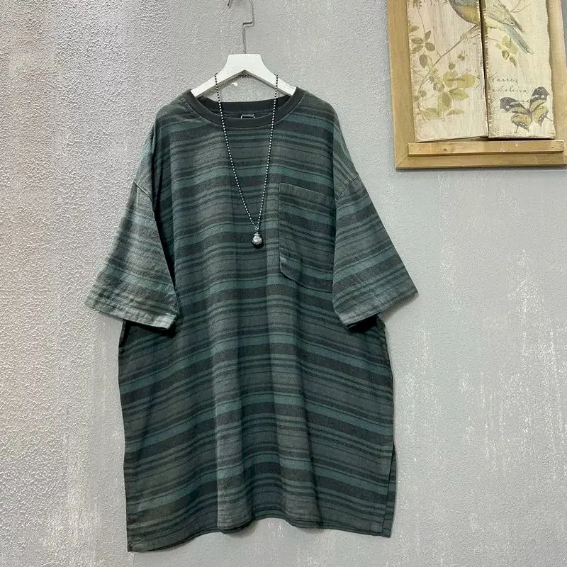 

Short Sleeve T-shirts for Women 2026 Summer Trend Thin Tshirt Fashion Stripe Casual Loose Tops Retro Style Mid-length T Shirts