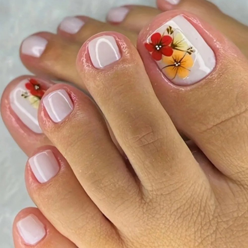 24 pièces faux ongles ensembles portable poudre brillante fleur conception couverture complète ongles conseils Rose rouge court carré presse sur faux ongles Art