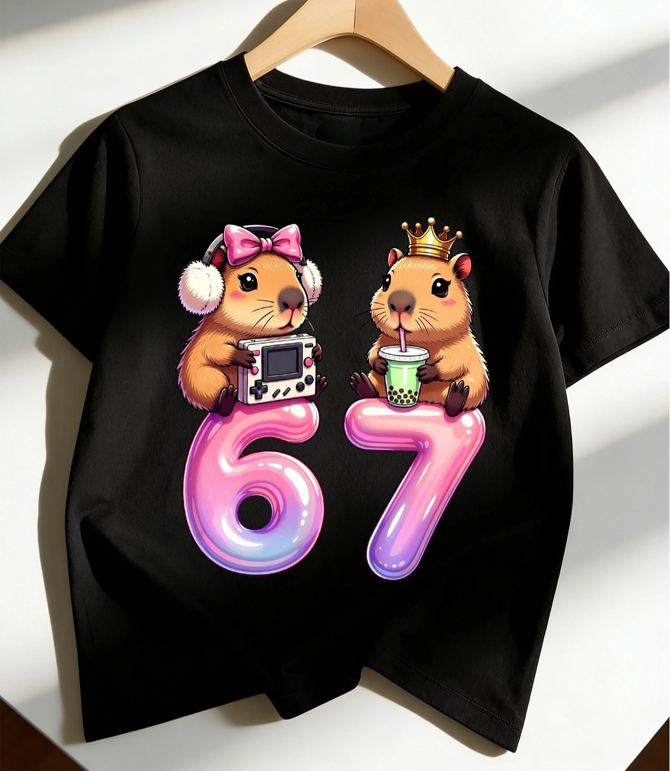 Girls Boys Casual Round Neck Short Sleeve T-Shirt 67 Number Capybara Cartoon Print T-Shirt Capybara Lover Birthday Gift Shirts