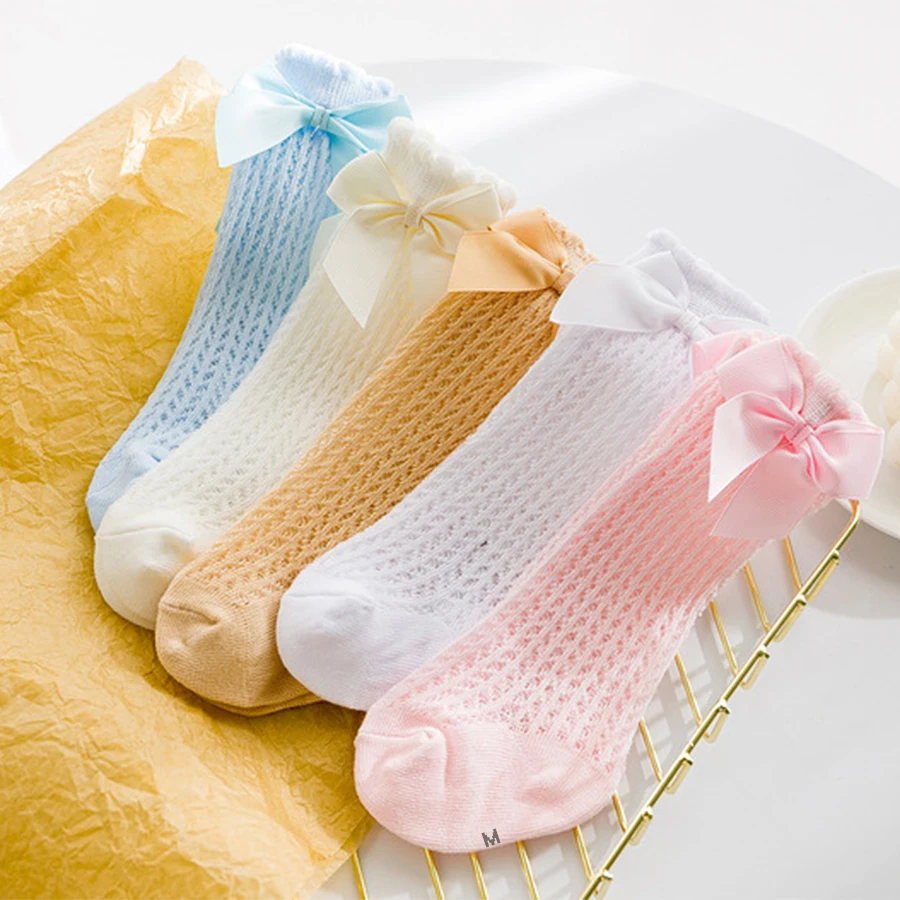 Chaussettes tube longues pour bébés filles, chaussettes anti-buée, décoration de nœud mignon, printemps et été, 5 paires