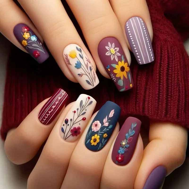 24 pçs moda unhas falsas imprensa em longo ballet unhas falsas arte com flor design marrom destacável cobertura completa dicas de unhas manicure