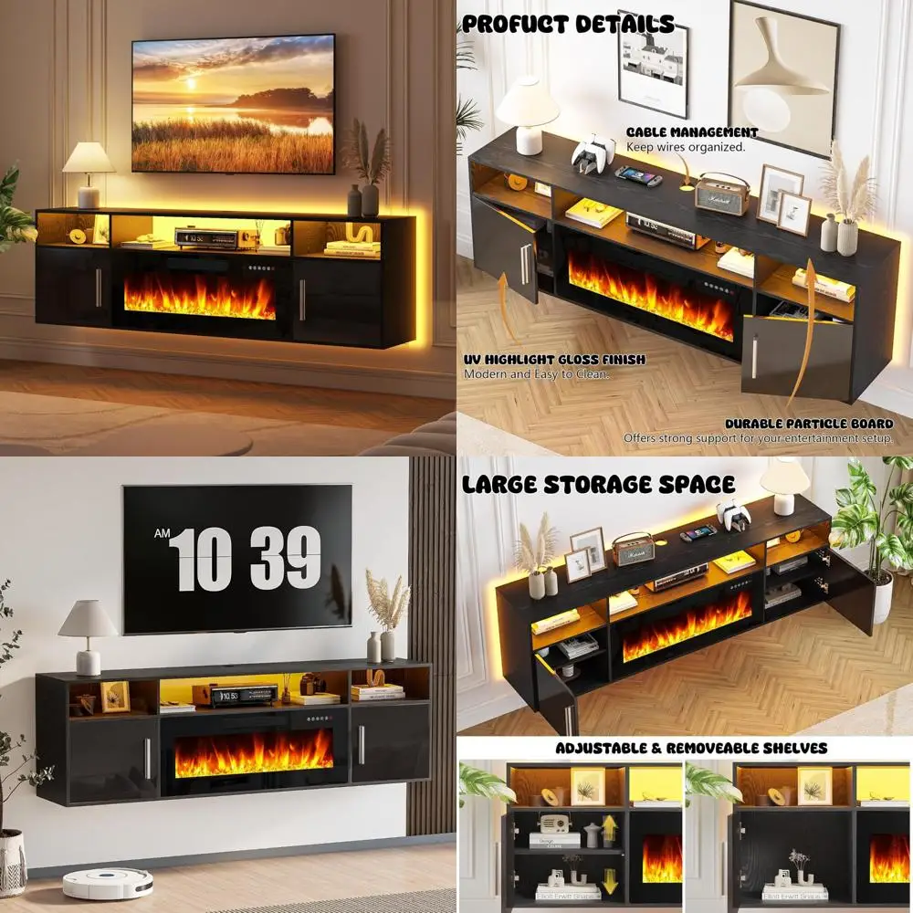 Modern Wood LED Lighted Entertainment Center - Wall Mounted Floating Fireplace TV Stand with Storage, 70 Media Console