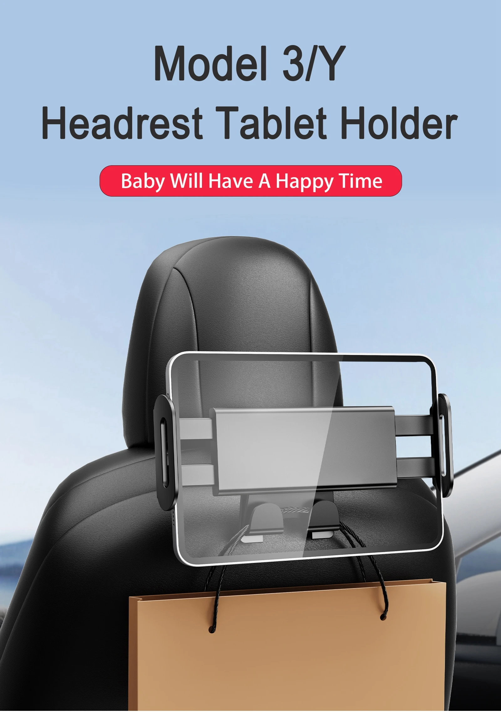 Für Tesla Model 3/Y Rücksitz-Handyhalterung mit 2 Haken 360° ° Drehbarer Ständer Auto-Kopfstützenhalterung für Tablet-PC iPad Mini – Detail 1