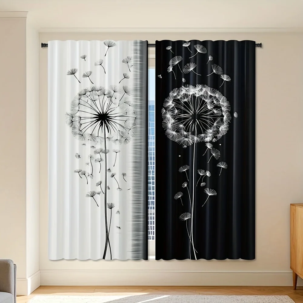 Black White Split Dandelion Curtain 2 Panels, Flying Fluff Monochrome Contrast Background Print, Drapes Bedroom Minimal Curtain