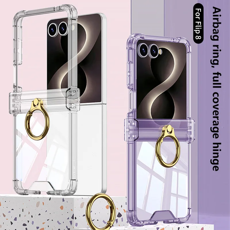 High-transparency Phone Case For Samsung Galaxy Z Flip 8 Flip8 ZFlip8 Flip8 5G Luxury Airbag Hinge Protection Ring Holder Cover
