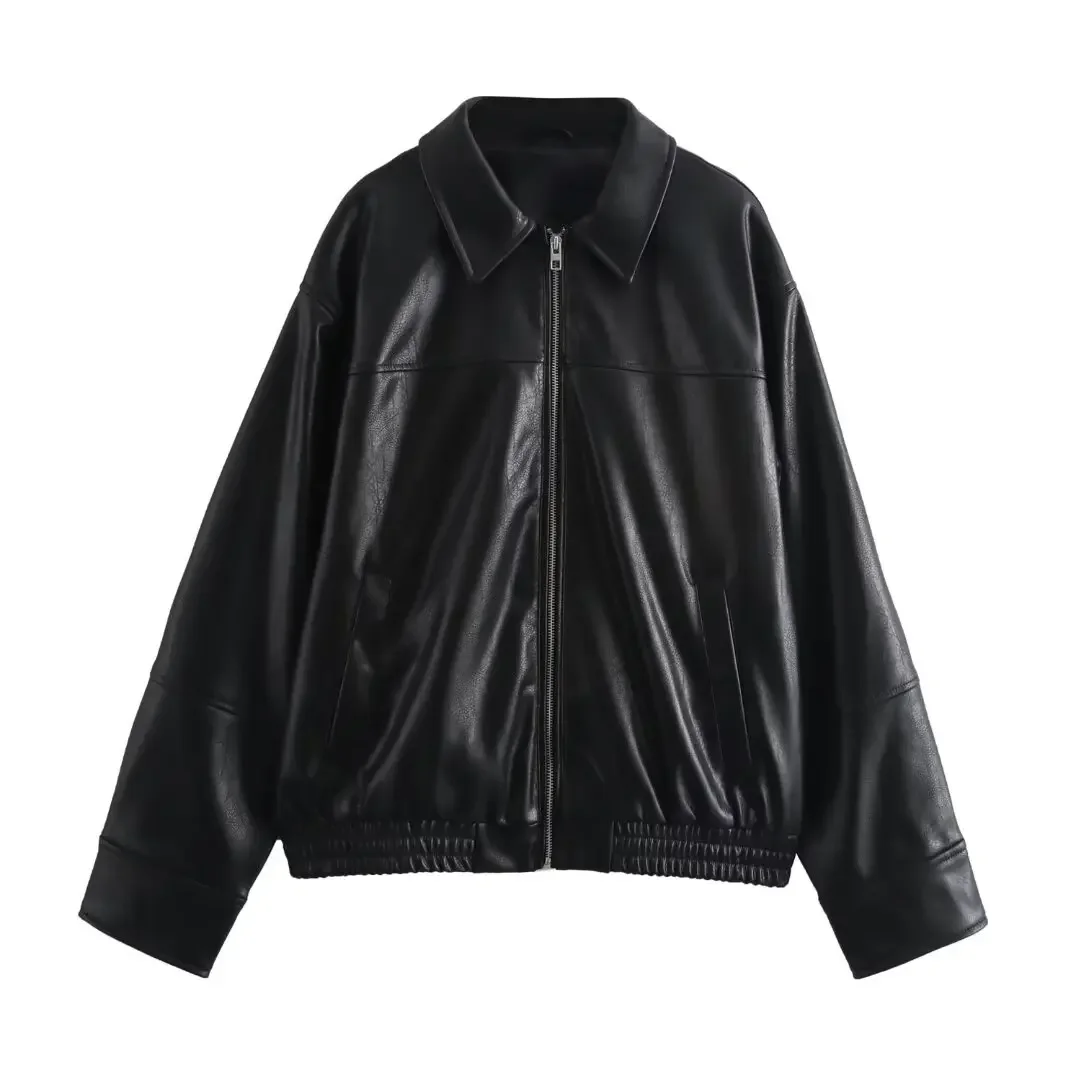 New Faux Leather Bomber Jackets Woman 2025 Black Pleated Jackets for Women Fall Zipper Women\'s Jacket Long Sleeve Jacket Women